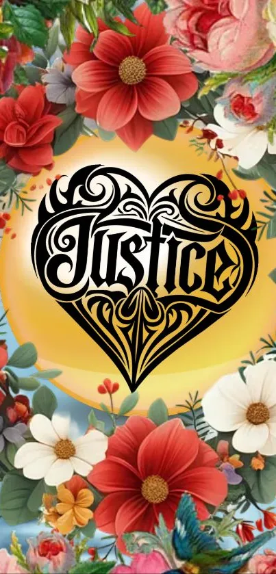 Mobile wallpaper with 'Justice' in an ornate floral design.