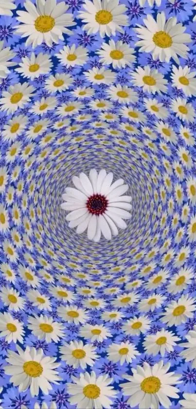 Kaleidoscope floral pattern with daisies in blue tones.