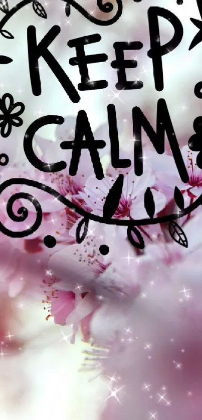 Keep Calm text over pink floral background with sparkles.