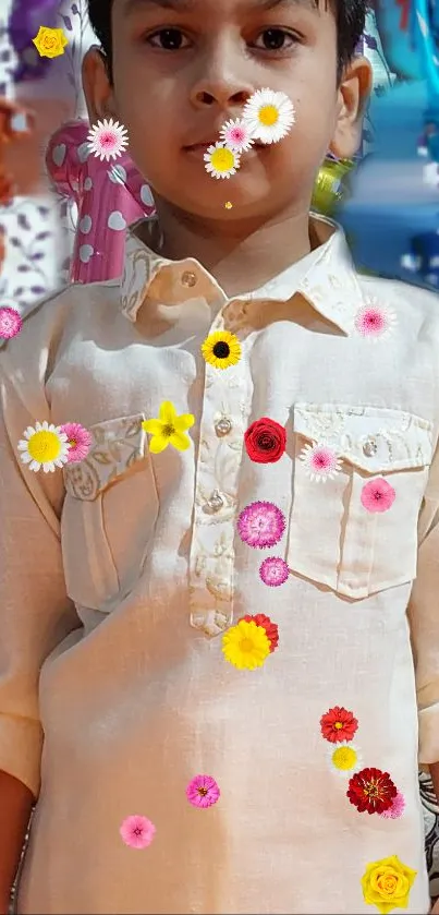 Child in white shirt with colorful floral overlay.