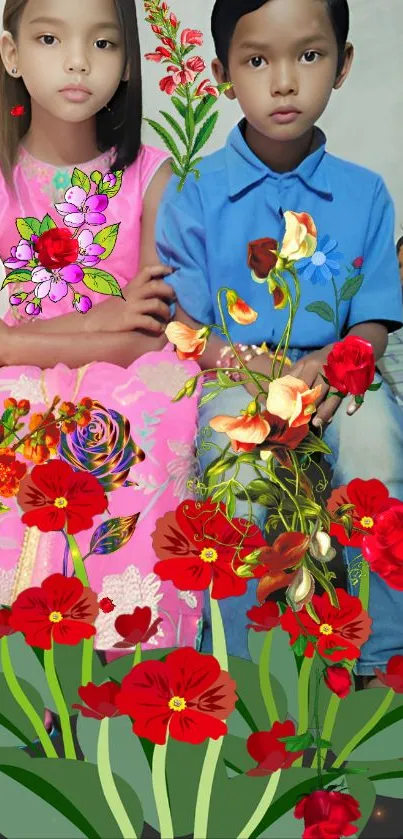 Floral fantasy wallpaper featuring kids surrounded by vibrant flowers.