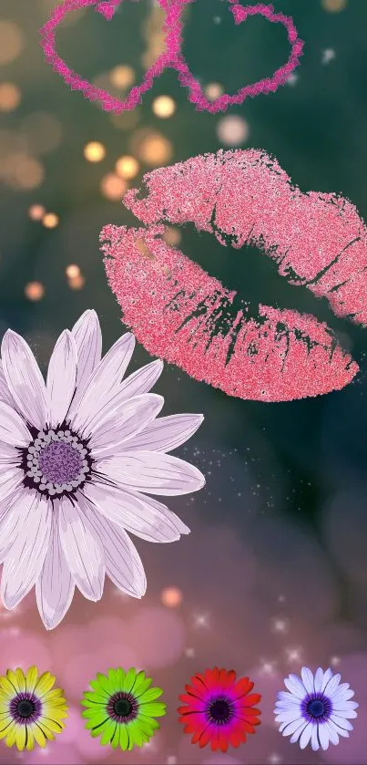 Mobile wallpaper with pink kiss and daisy.