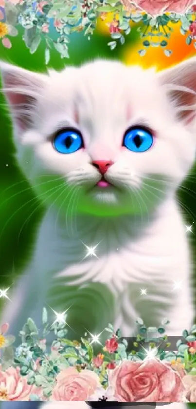 Adorable white kitten with blue eyes and a floral border on a mobile wallpaper.