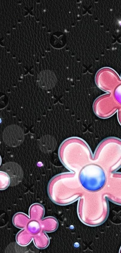 Floral leather wallpaper with pink flowers.