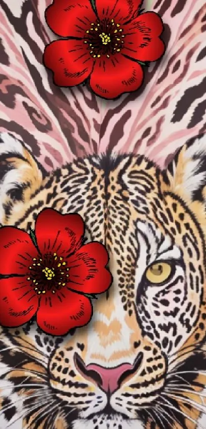 Vibrant floral leopard art wallpaper with red flowers and pink tones.