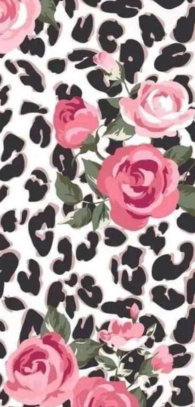 Mobile wallpaper with pink roses and leopard print pattern.