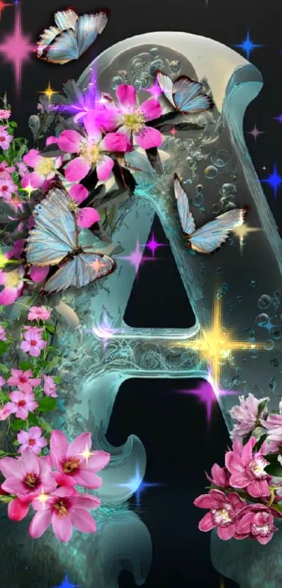 Letter A with flowers and butterflies wallpaper.