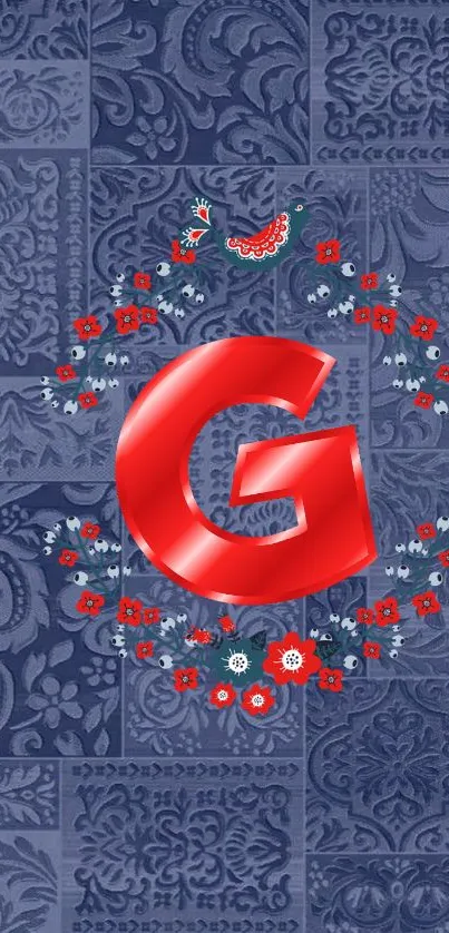 Red letter G with floral design on blue.