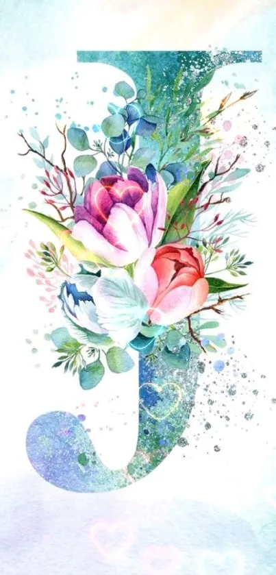 Watercolor letter J with vibrant flowers and greenery.