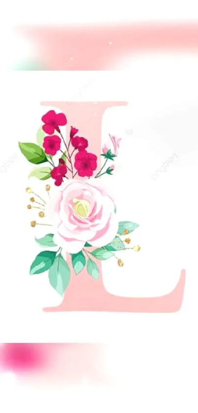 Pink letter L with floral design on white background.