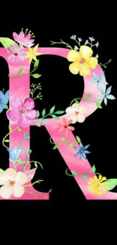 Floral letter R design on black background, vibrant colors.