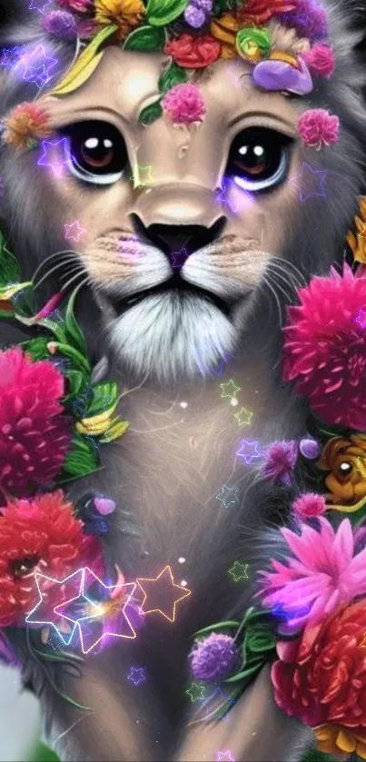 Lion with colorful floral mane and starry accents in fantasy style.