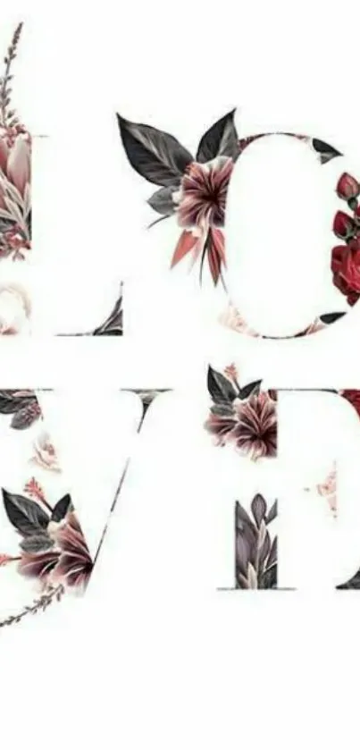 Stylish LOVE wallpaper with floral elements in white background.