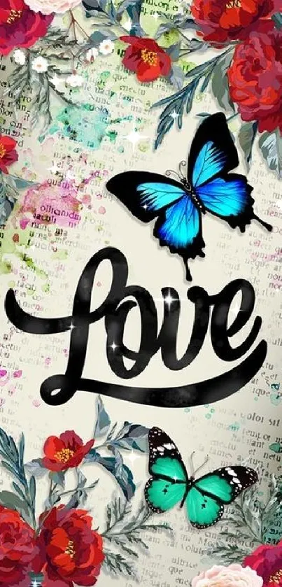 Floral wallpaper with love text and colorful butterflies.