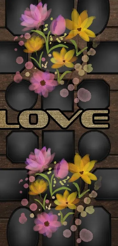 Dark mobile wallpaper with floral love design and wooden texture.