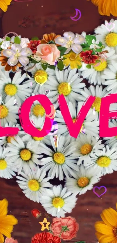 Heart-shaped daisy arrangement with pink love text on mobile wallpaper.