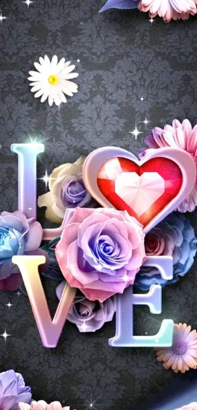 Love-themed wallpaper with vibrant flowers and heart design.