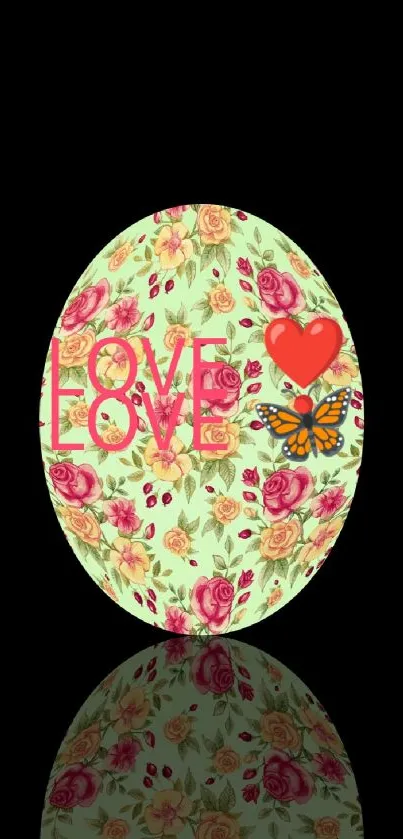 Floral mobile wallpaper with love and butterfly design on black background.