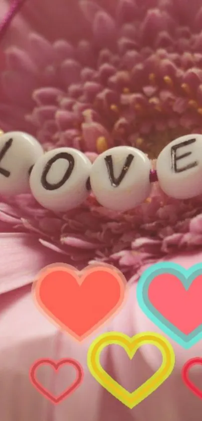 LOVE beads and hearts on a pink flower mobile wallpaper.