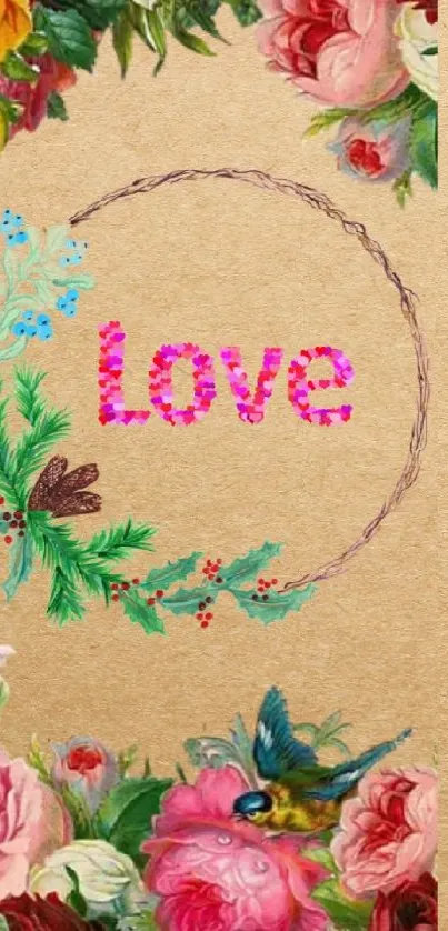 Floral wallpaper with 'Love' text and colorful blossoms