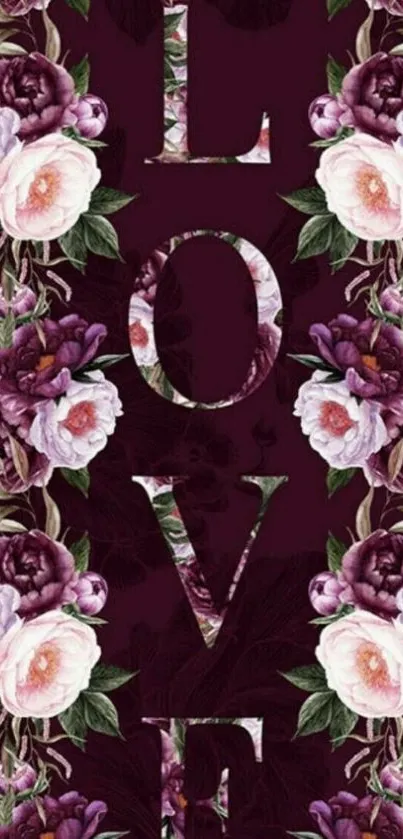 Romantic floral love wallpaper with burgundy background.