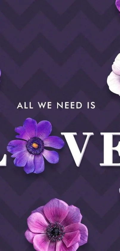 Purple floral wallpaper with love quote and chevron pattern.