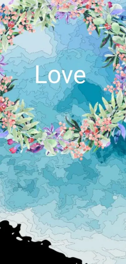 Floral wreath with 'Love' on a blue watercolor background.