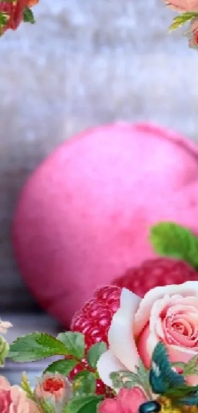 Pink macaron and roses with floral border wallpaper.