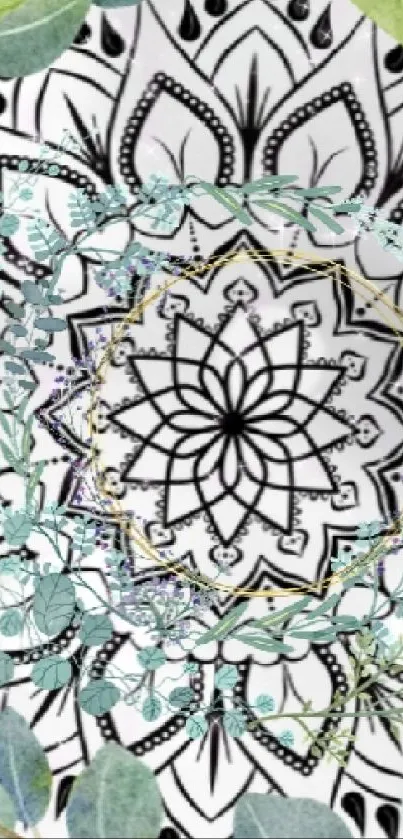 Intricate black and white mandala with floral accents in pastel blue and green.