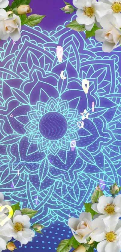 Floral mandala design on blue and purple background with white flowers.