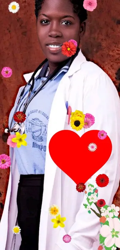 Colorful medical wallpaper with floral accents and a central red heart.