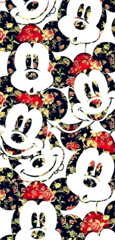 Mickey Mouse faces with floral background on mobile wallpaper.