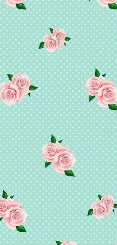 Mint green wallpaper with pink roses and polka dots.