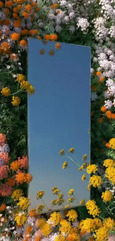 Mirror reflecting sky surrounded by colorful flowers.