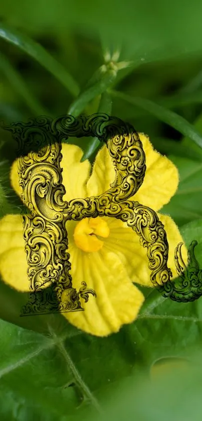 Yellow flower with ornate 'R' on lush green backdrop.