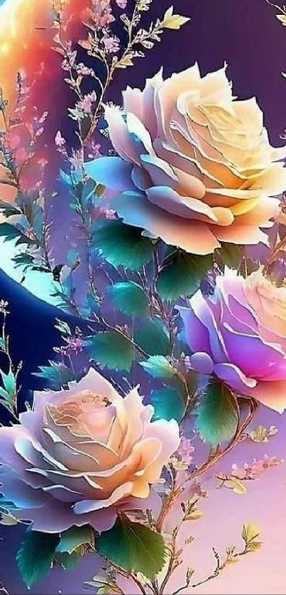 Dreamy floral and moon mobile wallpaper, vibrant colors.