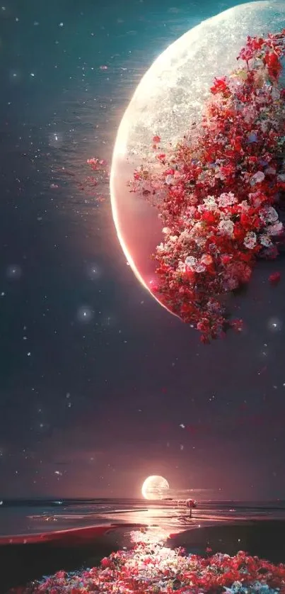 Moonlit scene with vibrant flowers and night sky.