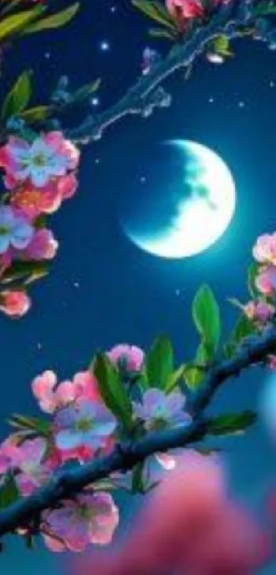 Crescent moon with flowers under a dark blue sky.