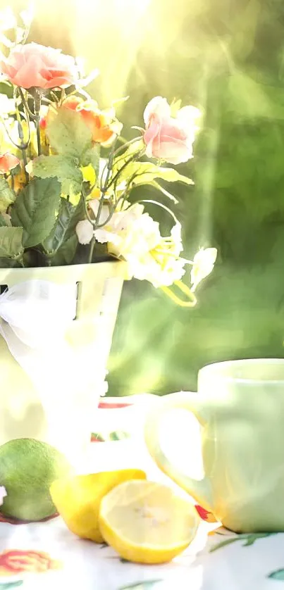 Serene morning setting with flowers, tea, and lemons on a floral tablecloth.