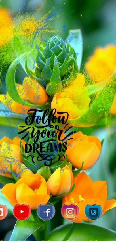 Vibrant green and orange floral mobile wallpaper with motivational text and icons.