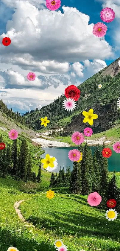 Vibrant flowers over a mountain landscape with a serene lake.