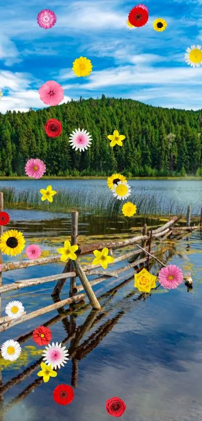 A tranquil mountain lake with colorful floating flowers under a blue sky.