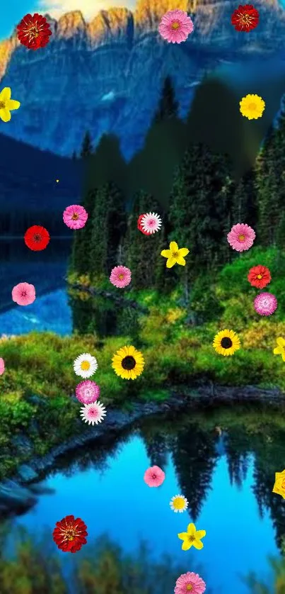 Floral mountain scene with colorful flowers and a serene lake backdrop.
