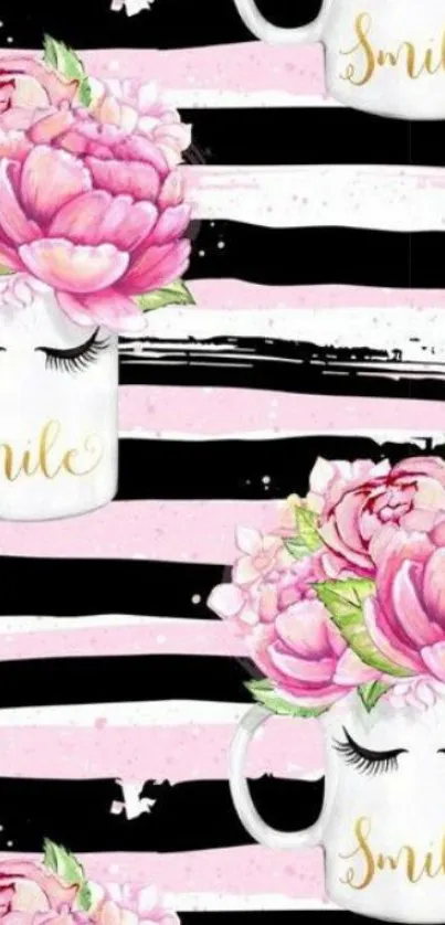 Chic floral mug wallpaper with pink, black, white stripes, and gold glitter.