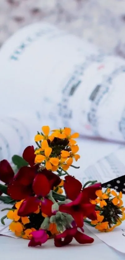 Colorful flowers on music sheets wallpaper.