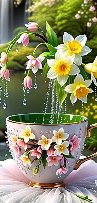 Cup with flowers and nature scene wallpaper.