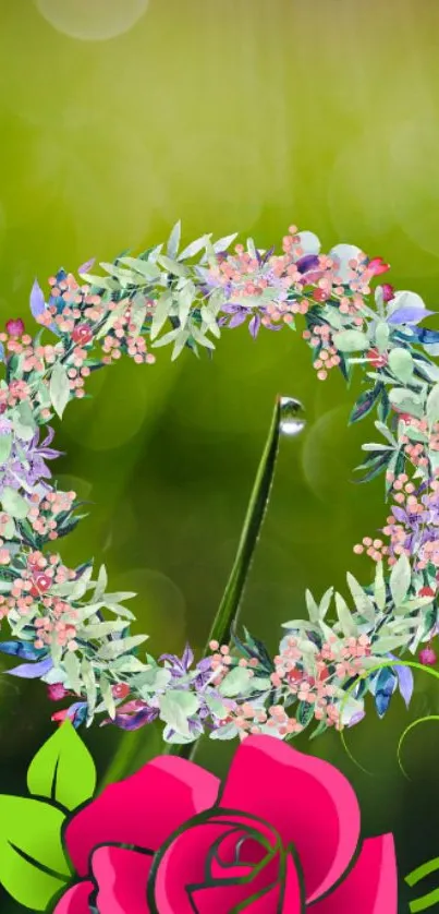 Colorful floral wreath on a green backdrop wallpaper.