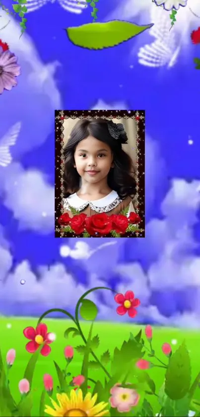 Child's portrait surrounded by flowers and a blue sky.