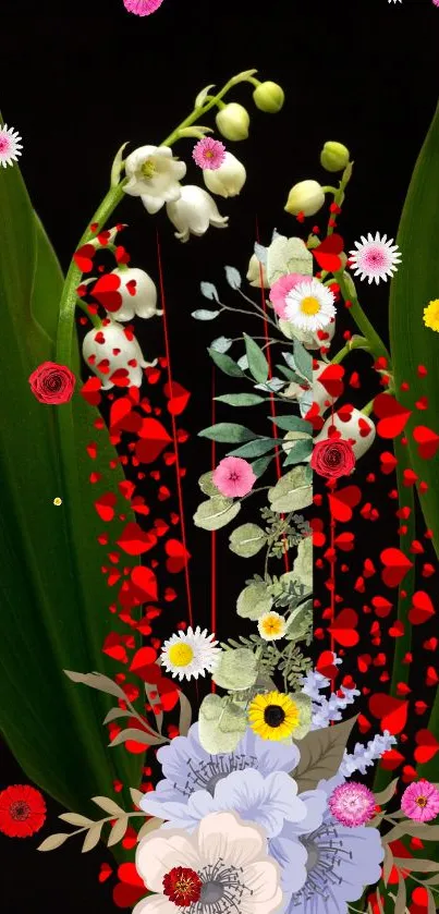 Vibrant floral wallpaper with green leaves and red accents.