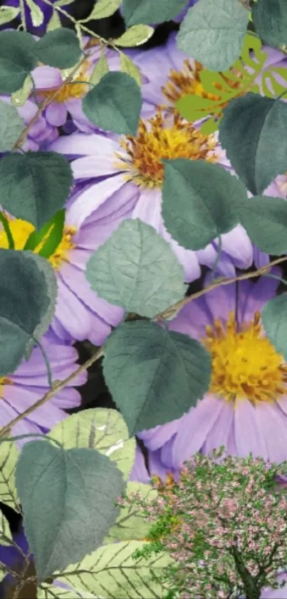 Lavender flowers and green leaves pattern wallpaper.